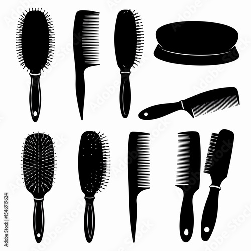 Hair brushes and combs black silhouettes