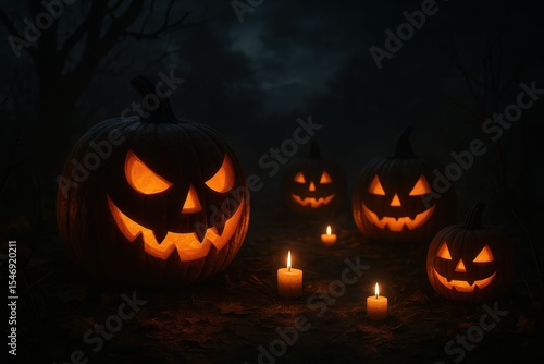Glowing carved pumpkins creating spooky Halloween atmosphere with selective focus lighting