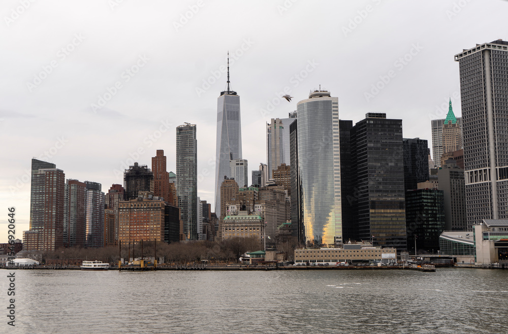 Fototapeta premium Aerial view of Manhattan skyline with skyscrapers and waterfront