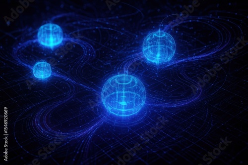 Futuristic holographic data visualization displaying interconnected network nodes floating in dark digital environment
