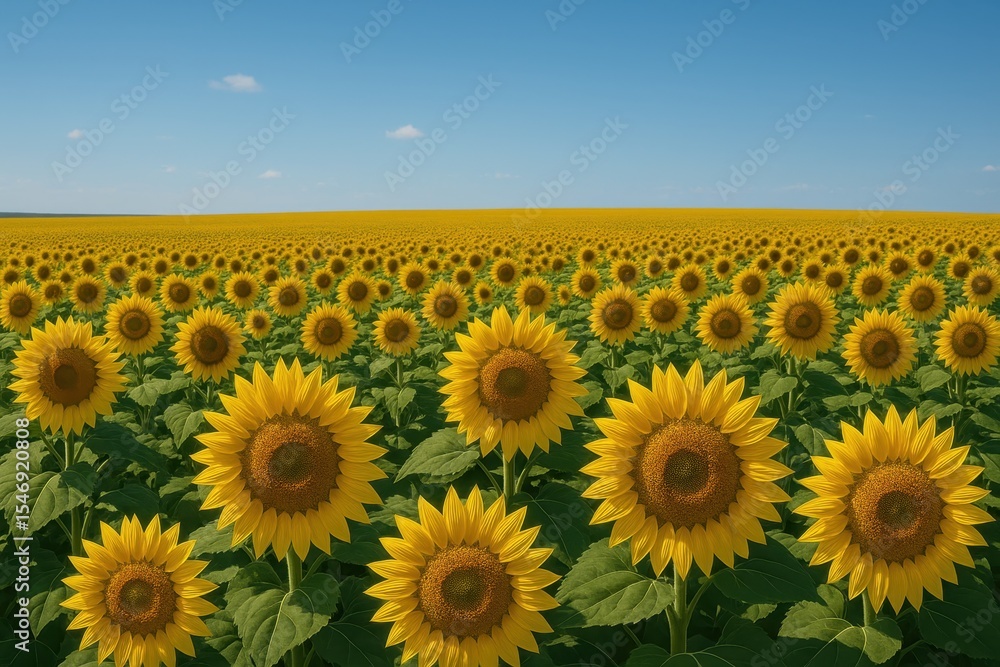 Fototapeta premium Giant sunflower field stretching to horizon with brilliant yellow petals under summer sky