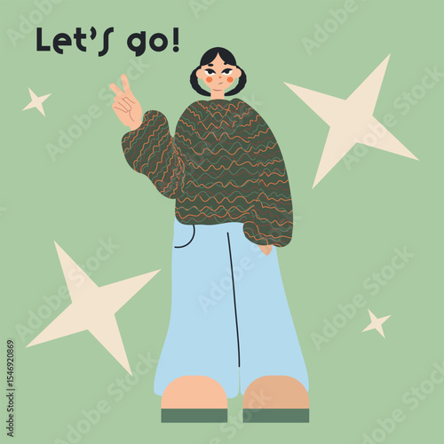 Cute cartoon girl showing peace sign, wearing a sweater. Fun and optimistic illustration for youth and lifestyle topics.