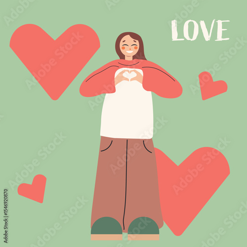 Smiling character making a heart gesture with hands, wearing a sweater. Friendly, welcoming illustration.