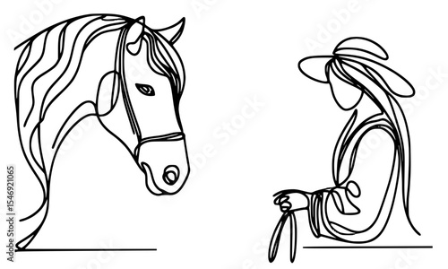 Woman and Stallion, Woman stands calmly beside her horse in elegant linework