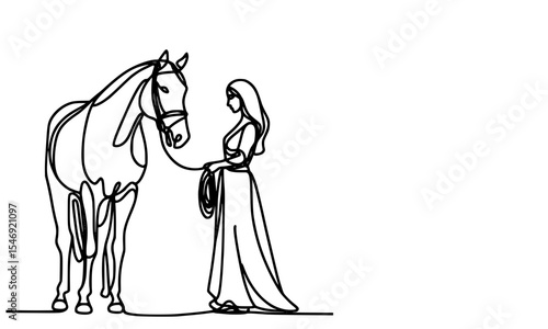 Harmony in Lines, A minimalist line drawing of a woman holding a horse’s reins.