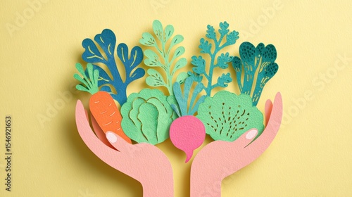 Artistic composition of vegetables in hands with paper cut style on pale yellow background