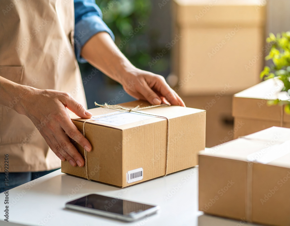 Packing goods for delivery, person carefully handles cardboard box tied with string, surrounded by other packages and smartphone on table. scene conveys sense of organization and readiness Packing goods for delivery, person carefully handles cardboard box tied with string, surrounded by other packages and smartphone on table. scene conveys sense of organization and readiness