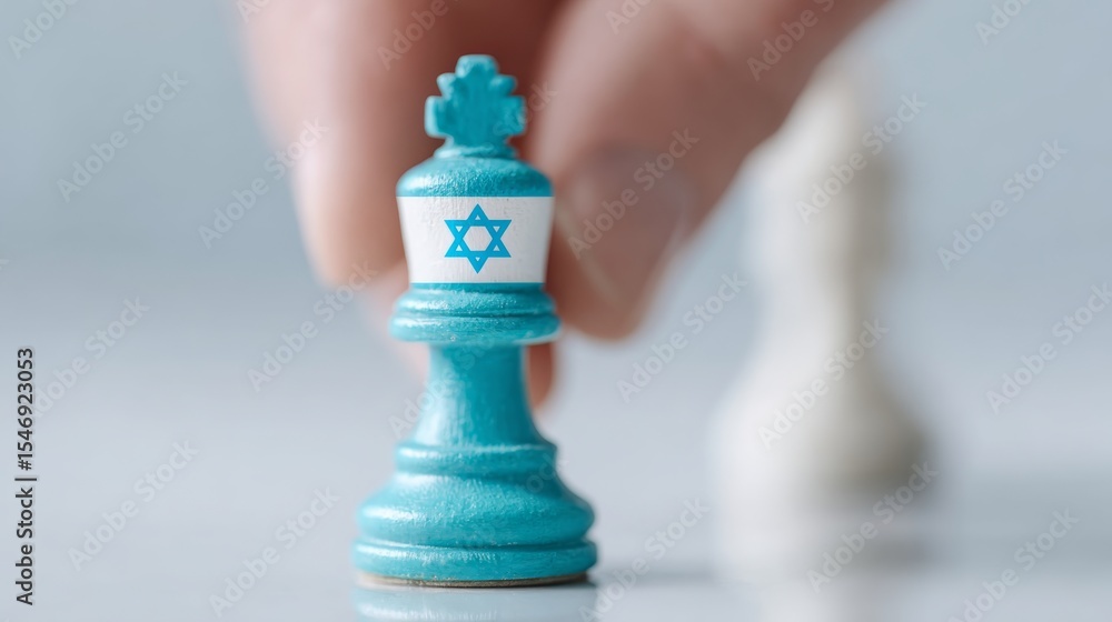 Fototapeta premium Close-up of hand moving a chess piece painted in blue and white Israeli flag colors focused deliberate strategic moment.