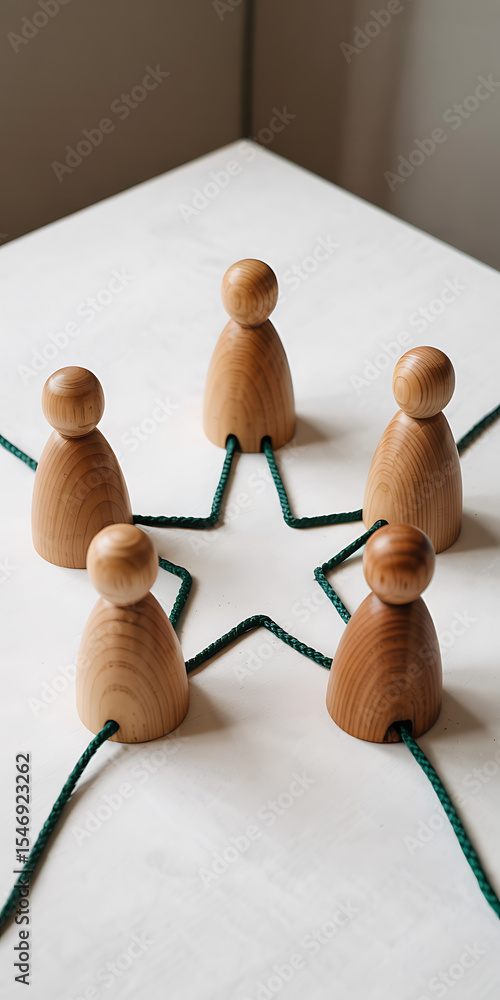 Obraz premium Five Light Wood Figures Connected by Green Cord on White Surface