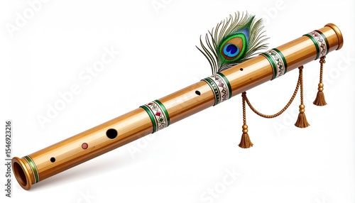 Ornate Bamboo Flute: Peacock Feather Adornment, Elegant Indian Design