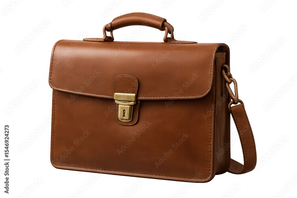Professional brown leather briefcase displaying brass lock, detachable shoulder strap, positioned against transparent background Professional brown leather briefcase displaying brass lock, detachable shoulder strap, positioned against transparent background