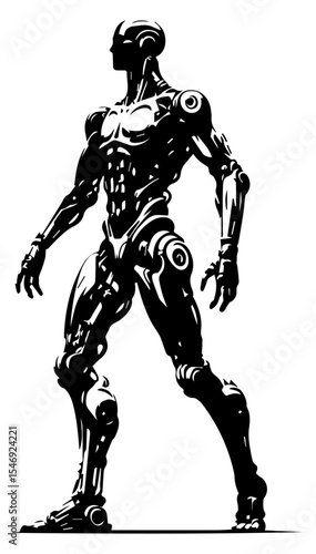 A black and white silhouette of a cyborg standing in full height on a white isolated background. Vector graphics. EPS.