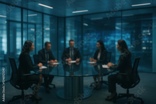 Executive boardroom with glass conference table and blurred business professionals