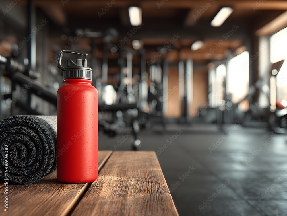 Red water bottle and rolled towel sit on a wooden bench in a modern well equipped gym area setting. Red water bottle and rolled towel sit on a wooden bench in a modern well equipped gym area setting.