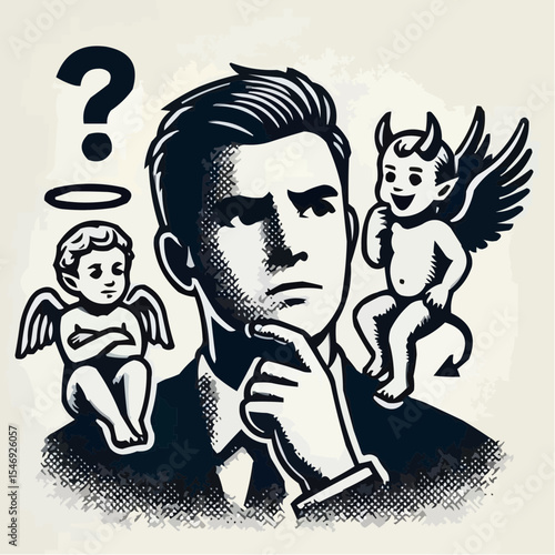 
little devil and little angel competing to convince a person 79