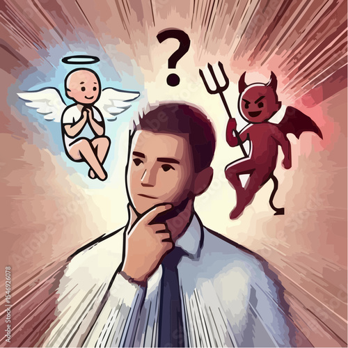 
little devil and little angel competing to convince a person 74