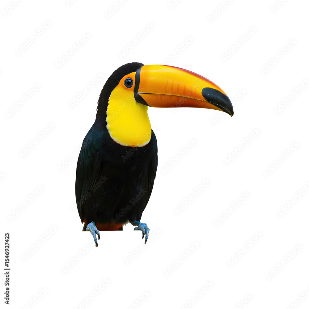 Fototapeta premium Colorful toucan bird with bright yellow beak sitting calmly on a white background