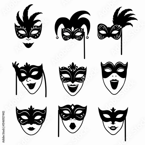 Carnival masks set black silhouette