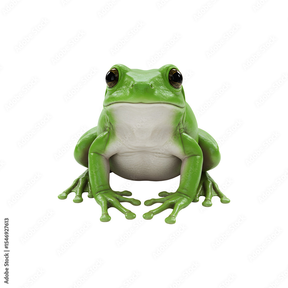 Fototapeta premium Green frog sitting upright with wide eyes on white background