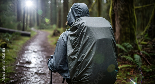 Hiker with Rain Cover Walking in Dense Forest on Wet Trail During Daylight