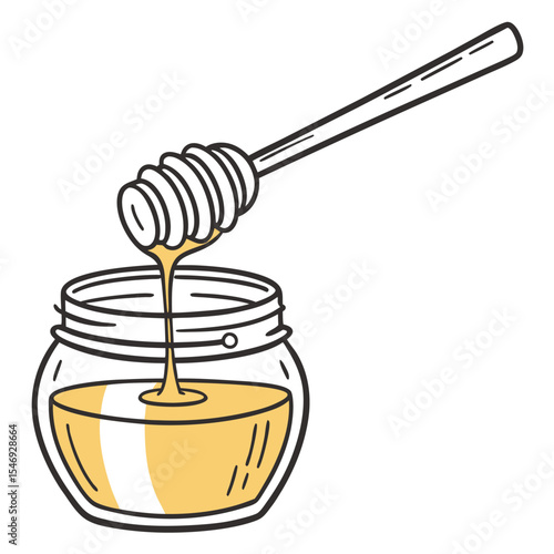 Jar of honey with wooden dipper dripping golden honey isolated on white background