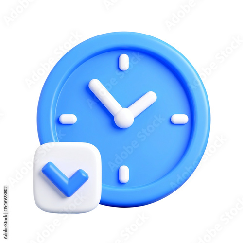 A 3D rendered blue clock icon with a checkmark, symbolizing punctuality and task completion.