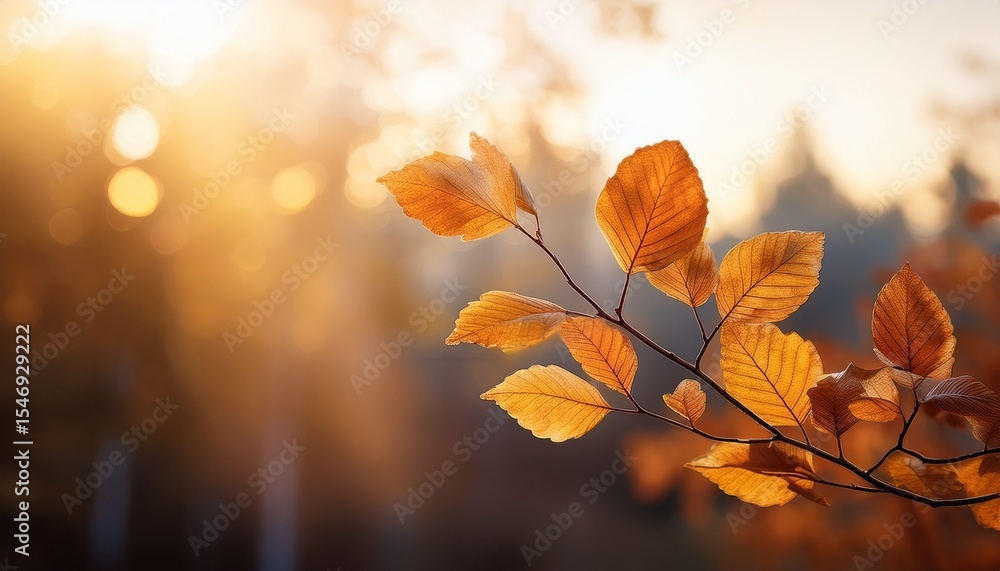 Obraz premium autumnal whispers a delicate branch adorned with few leaves stands in stark contrast against a blur of a forest bathed in a warm autumn glow hinting at the changing seasons
