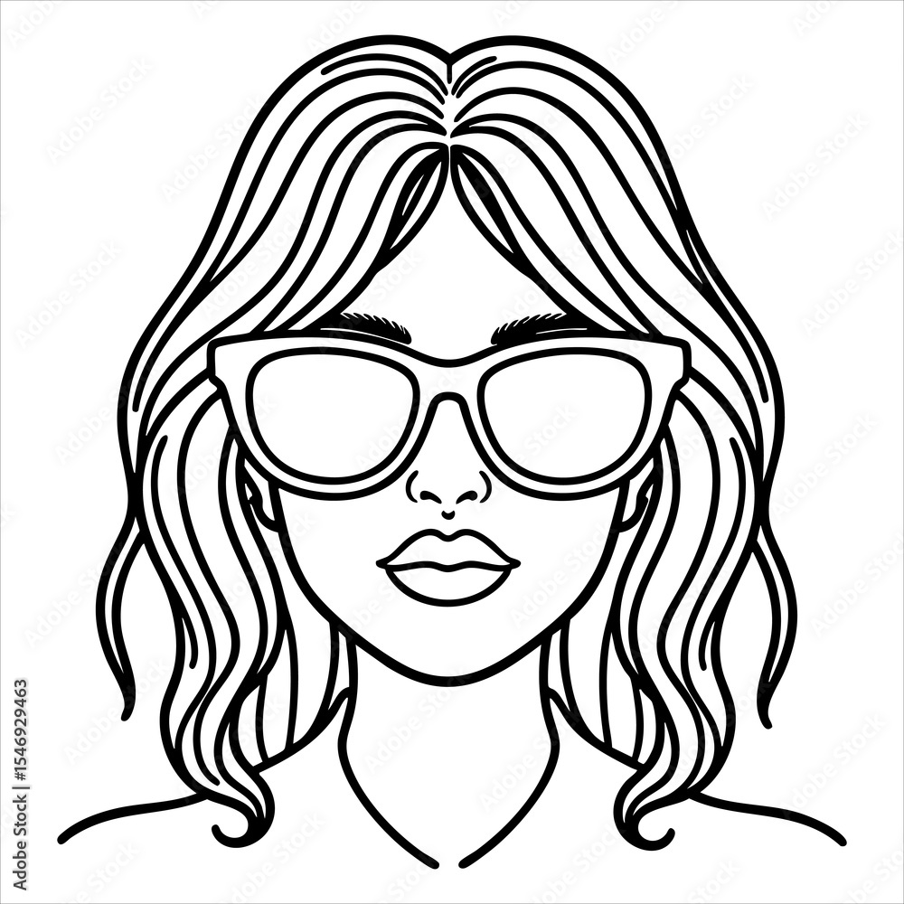 A drawing of a womans face with sunglasses shoulderlength wavy hair and a neutral expression A drawing of a womans face with sunglasses shoulderlength wavy hair and a neutral expression