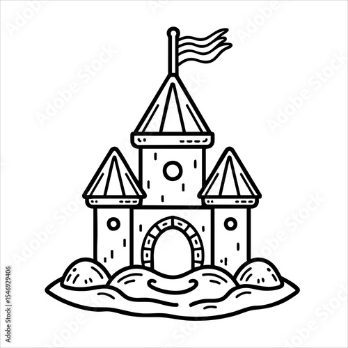 A black and white line drawing of a sandcastle with turrets flag and base