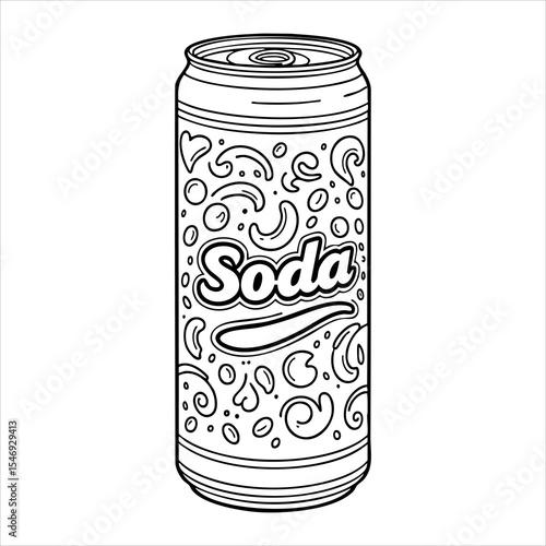 A blackandwhite illustration of a soda can with the word Soda on it and swirling designs