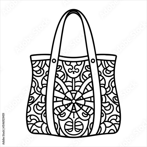 A black outline drawing of a tote bag with patterned design