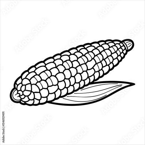 A line drawing depicts a corn cob with husk detailed kernels and bold outline set against a blank white background