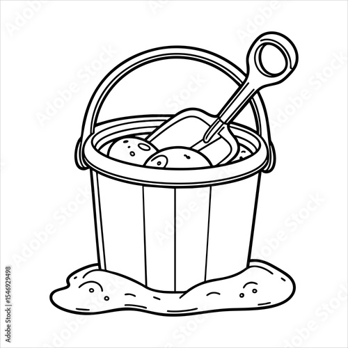 A line drawing shows a bucket filled with balls a shovel and some sand