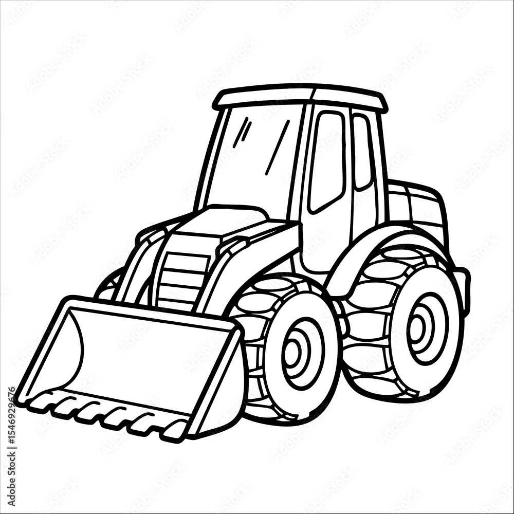 Naklejka premium Cartoonstyle bulldozer with detailed wheels a large front bucket and cab