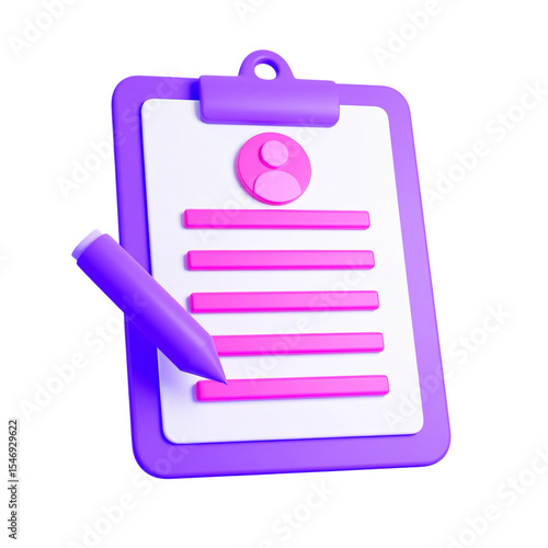 A 3D rendering of a clipboard with a person icon and a pen.