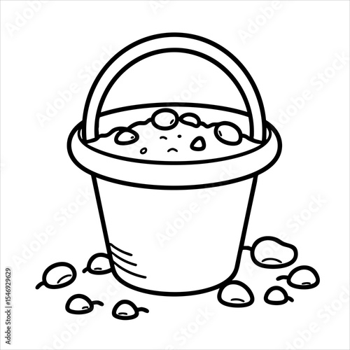 Black  white cartoon of a bucket filled with sandrocks with a handle and several items scattered on the ground around the bucket