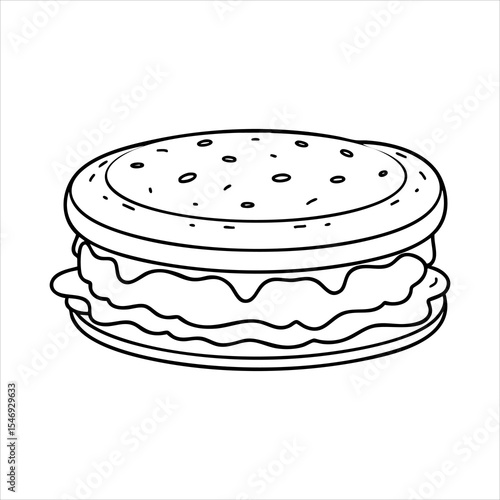 Black and white sketch of a sandwich showing layers of filling between two bread slices topped with seeds