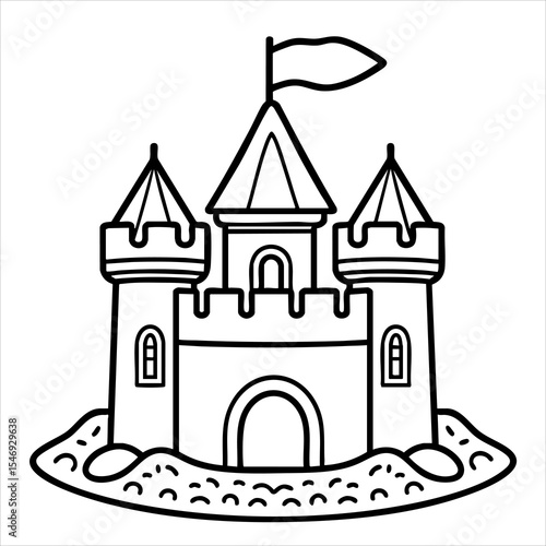 Black  white sandcastle illustration featuring a flag on top arched windows  a sandy base