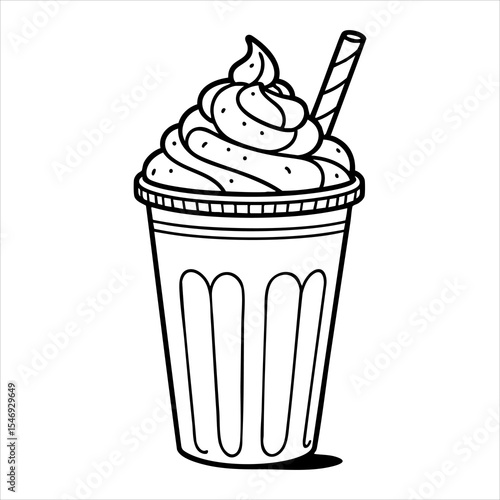 Blackandwhite drawing of a milkshake with whipped cream and a straw in a plastic cup