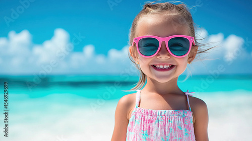 A young girl wearing pink sunglasses and a pink dress is smiling at the camera