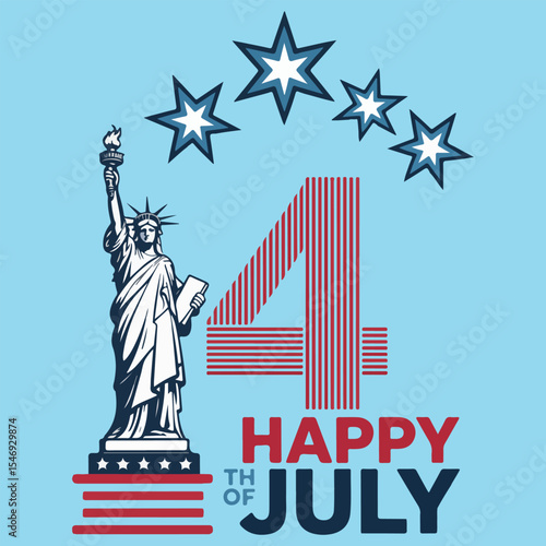 4th of July Vector Design with Statue of Liberty, Fireworks, and American Flag Elements – Independence Day Illustration