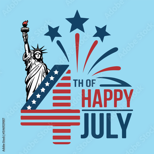 4th of July Vector Design with Statue of Liberty, Fireworks, and American Flag Elements – Independence Day Illustration