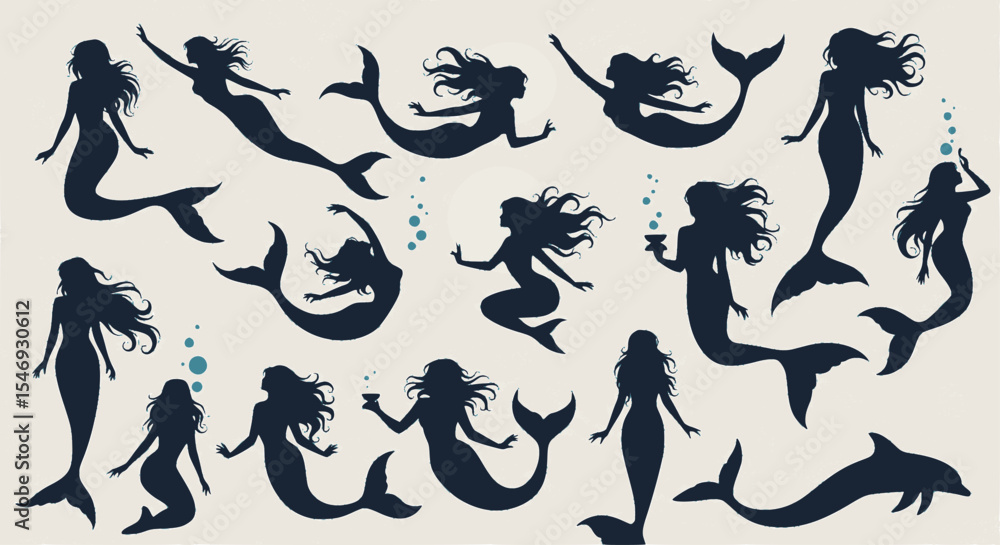 Fototapeta premium Mermaid Silhouette Vector Illustration set 