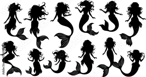Mermaid Silhouette Vector Illustration set
