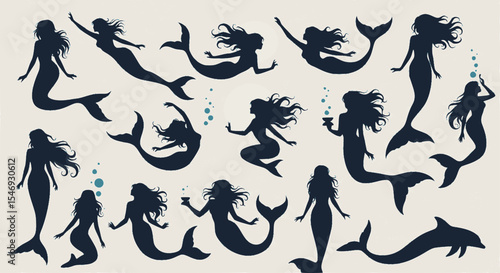Mermaid Silhouette Vector Illustration set
