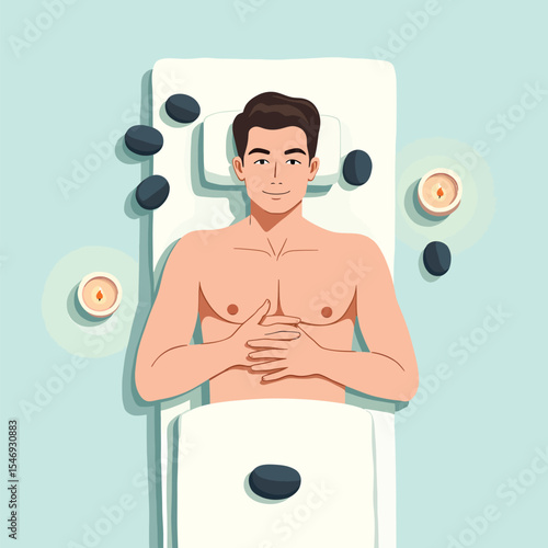 Man receiving cool stone massage therapy at spa for relaxation and wellness treatment and stress relief