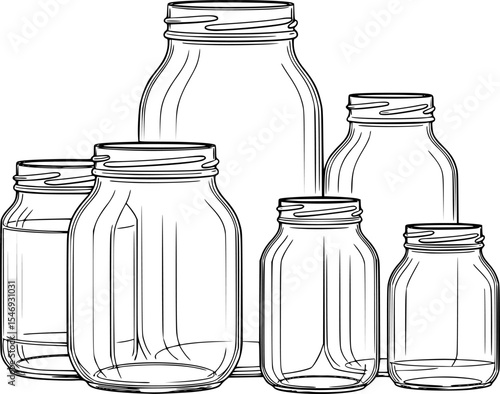 Glass jars contour drawing vector isolated white background

