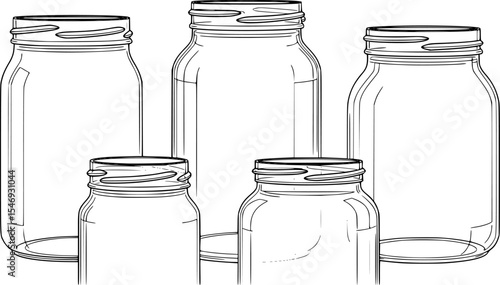 Glass jars contour drawing vector isolated white background
