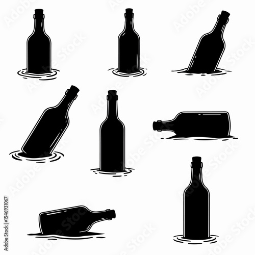 Bottles floating in water set black silhouettes