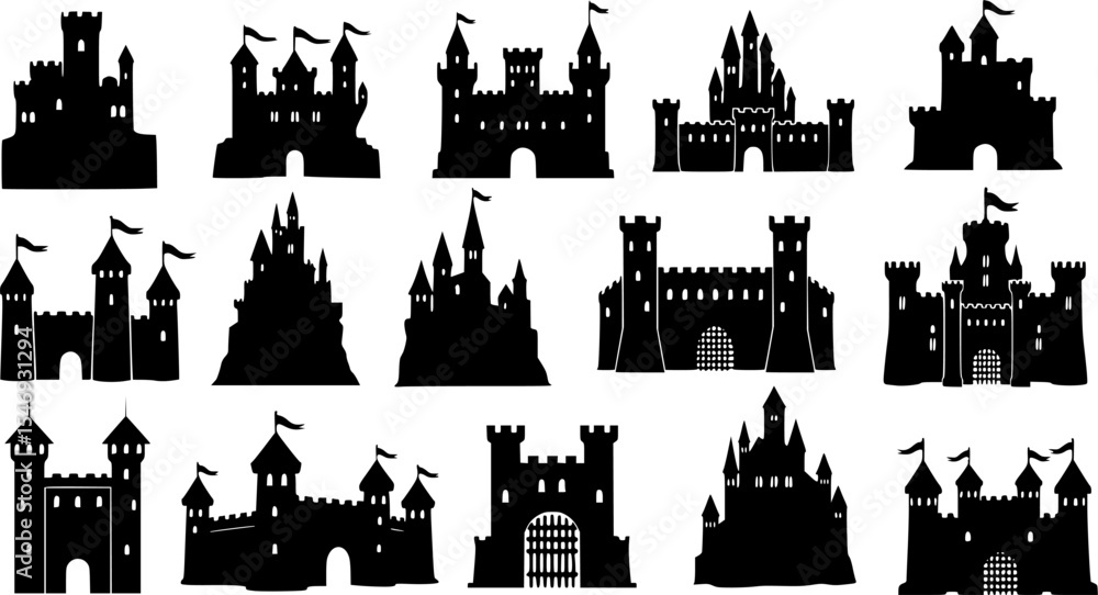 Obraz premium Castle Silhouette Set Black Clipart for Fantasy and Medieval Designs 